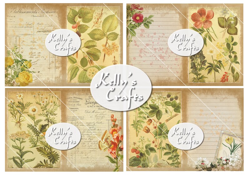 May include: Four vintage-style paper squares with floral illustrations and handwritten text. Each square features a different floral design, including roses, daisies, and berries. The text includes the words "Kelly's Crafts" and "Tallissements rettame".