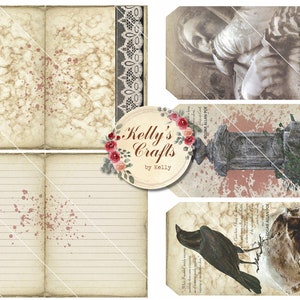 May include: A set of printable digital scrapbook paper featuring a vintage, distressed look with a gothic theme. The papers include images of a crow, a skull, a tombstone, and a mourning woman. The papers are perfect for creating scrapbook pages, cards, and other paper crafts.