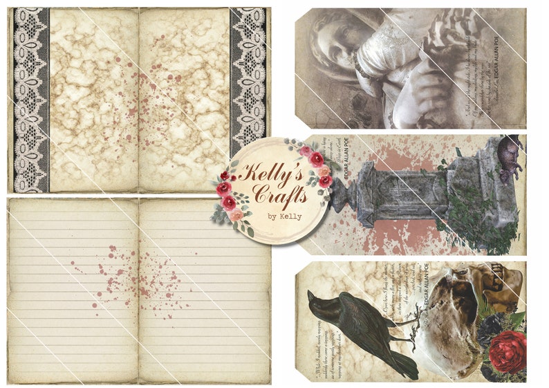 May include: A set of printable digital scrapbook paper featuring a vintage, distressed look with a gothic theme. The papers include images of a crow, a skull, a tombstone, and a mourning woman. The papers are perfect for creating scrapbook pages, cards, and other paper crafts.