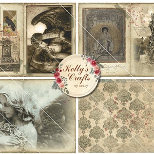 May include: A digital collage sheet with a vintage aesthetic featuring images of angels, a crow, a tombstone, and a cross. The sheet has a distressed, aged look with red splatters and a watermark that reads "Kelly's Crafts by Kelly".