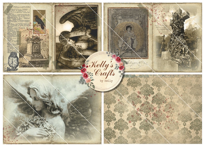 May include: A digital collage sheet with a vintage aesthetic featuring images of angels, a crow, a tombstone, and a cross. The sheet has a distressed, aged look with red splatters and a watermark that reads "Kelly's Crafts by Kelly".
