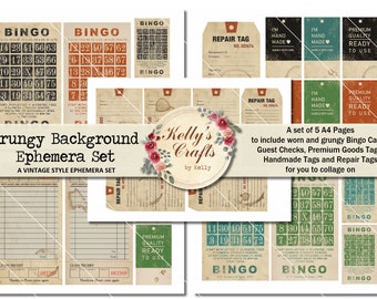 Digital Journal Ephemera, Bingo Cards, Guest Checks, Premium Goods Tags, Handmade Tags and Repair Tags, Junk Journal, Collage Backgrounds