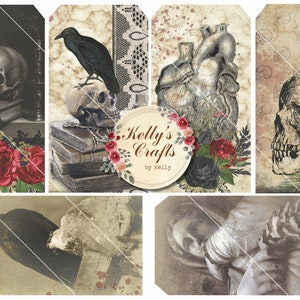 May include: Six vintage-style printable gift tags with a gothic theme. The tags feature images of skulls, ravens, hearts, and roses. The text "Kelly's Crafts by Kelly" is on one of the tags.