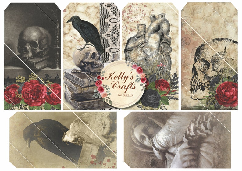 May include: Six vintage-style printable gift tags with a gothic theme. The tags feature images of skulls, ravens, hearts, and roses. The text "Kelly's Crafts by Kelly" is on one of the tags.