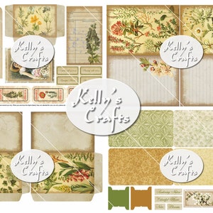 May include: A digital paper pack with vintage floral illustrations and patterns. The pack includes various designs with flowers, leaves, and text. The text includes the words "Kelly's Crafts".