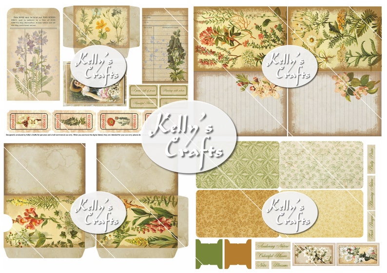 May include: A digital paper pack with vintage floral illustrations and patterns. The pack includes various designs with flowers, leaves, and text. The text includes the words "Kelly's Crafts".