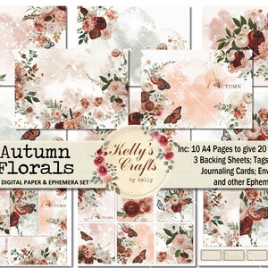 Puede incluir: Conjunto de papel digital y ef&iacute;meras titulado "Autumn Florals". El dise&ntilde;o presenta arreglos florales, mariposas y fondos de acuarela en tonos rojos, melocot&oacute;n y crema. Incluye p&aacute;ginas de diario, etiquetas y sobres.
