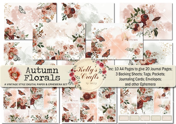 Autumn Florals Journal Kit: Watercolor Butterflies, Vintage Style (PDF Download)