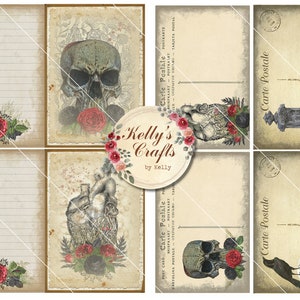 May include: Six vintage-style postcards with a gothic theme. The postcards feature images of skulls, hearts, roses, and a tombstone. The text on the postcards reads "Carte Postale".