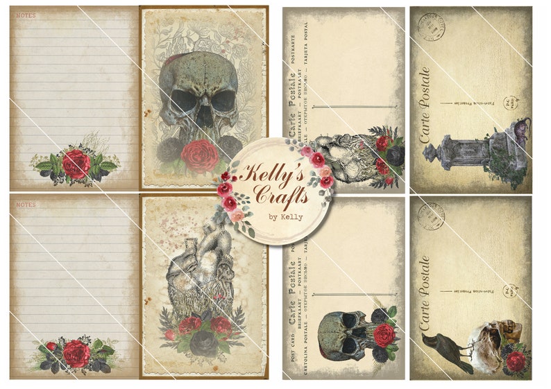 May include: Six vintage-style postcards with a gothic theme. The postcards feature images of skulls, hearts, roses, and a tombstone. The text on the postcards reads "Carte Postale".