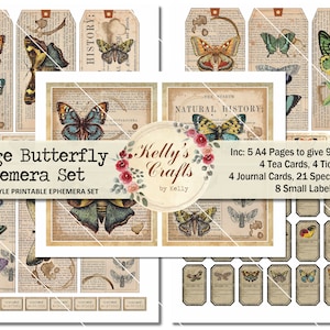 Conjunto de coisas efêmeras de borboleta vintage, inclui etiquetas, cartões de diário, cartões de chá, etiquetas de espécimes e outros elementos decorativos para diários da natureza