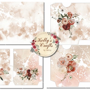 Puede incluir: Juego de papel digital con fondos de acuarela en tonos marr&oacute;n y blanco y detalles florales. El juego incluye sobres y papeler&iacute;a con arreglos florales en burdeos, melocot&oacute;n y blanco.