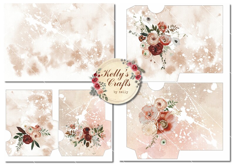 Puede incluir: Juego de papel digital con fondos de acuarela en tonos marr&oacute;n y blanco y detalles florales. El juego incluye sobres y papeler&iacute;a con arreglos florales en burdeos, melocot&oacute;n y blanco.