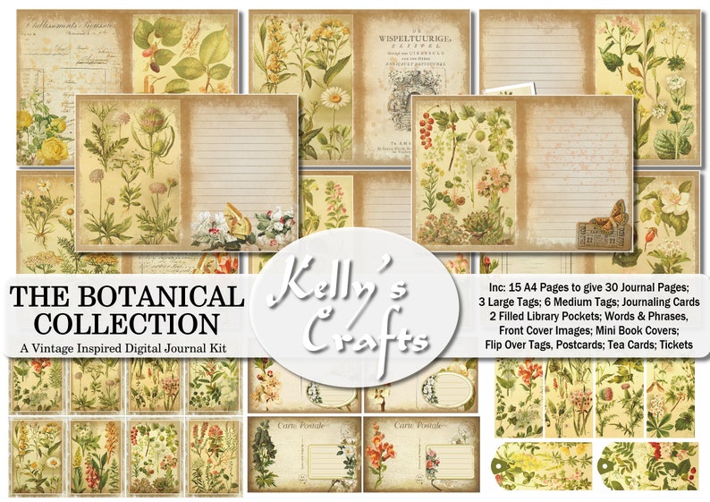 May include: A digital journal kit with a botanical theme. The kit includes 15 A4 pages, 3 large tags, 6 medium tags, journaling cards, 2 filled library pockets, words and phrases, front cover images, mini book covers, flip over tags, postcards, tea cards, and tickets. The kit is vintage inspired and features floral illustrations.