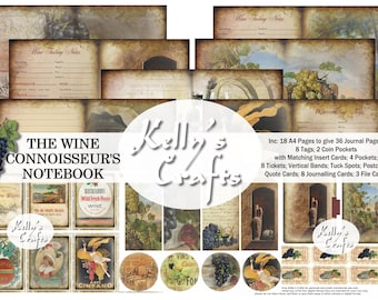 Peut inclure: Une collection numérique intitulée "The Wine Connoisseur's Notebook" comprenant des pages de journal, des étiquettes, des pochettes, des billets, des cartes postales et des citations. Le design comprend des illustrations sur le thème du vin, des étiquettes vintage et des notes de dégustation, avec le texte "Kelly's Crafts".