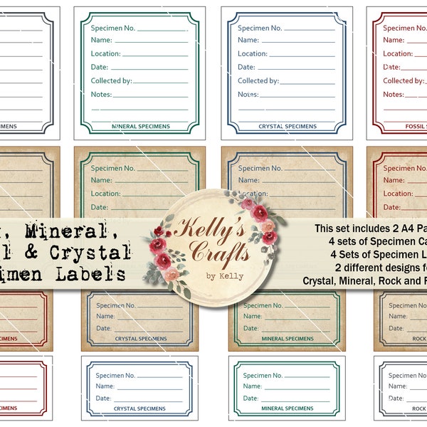 Rock, Mineral, Crystal and Fossil Specimen Cards and Labels - Field Specimen Labels, Field Notes Labels