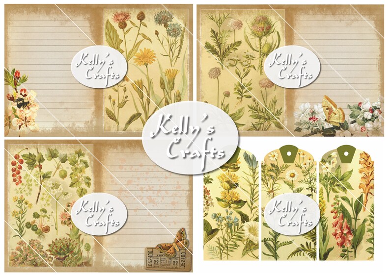May include: A digital paper pack with vintage botanical illustrations of flowers and plants. The paper pack includes four sheets with lined paper, two sheets with floral patterns, and three tags with floral patterns. The paper pack is designed by Kelly's Crafts.