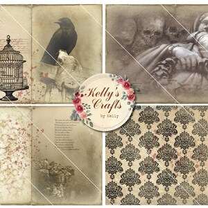 May include: A digital collage sheet with four images. The first image is a black spider on a web, a birdcage, and red blood splatters. The second image is a black crow perched on a rock. The third image is a woman's face with skulls and a dark background. The fourth image is a black and white damask pattern with red blood splatters.