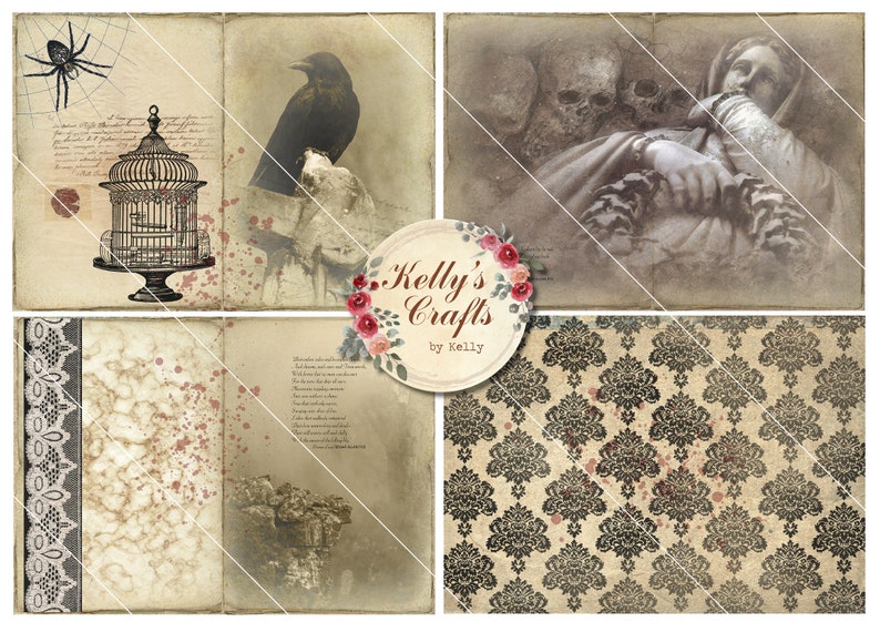 May include: A digital collage sheet with four images. The first image is a black spider on a web, a birdcage, and red blood splatters. The second image is a black crow perched on a rock. The third image is a woman's face with skulls and a dark background. The fourth image is a black and white damask pattern with red blood splatters.