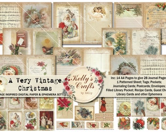 May include: A digital paper and ephemera set with a vintage Christmas theme. The set includes 14 A4 pages, a patterned sheet, tags, pockets, journaling cards, postcards, envelopes, a filled library pocket, recipe cards, guest checks, library cards, and other ephemera. The set features images of Santa Claus, angels, birds, and other Christmas-themed imagery.