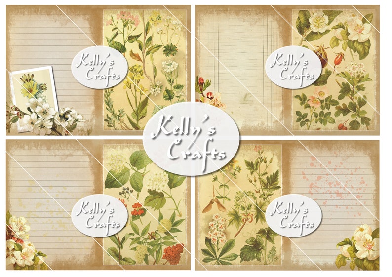 May include: Four vintage-style printable journal pages with floral illustrations and the text "Kelly's Crafts" on each page.