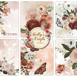 Puede incluir: Seis tarjetas cuadradas con dise&ntilde;os florales en acuarela en tonos rojos, melocot&oacute;n y blanco, con hojas verdes y mariposas. Algunas tarjetas incluyen la palabra "AUTUMN" y el texto "Kelly's Crafts by Kelly".