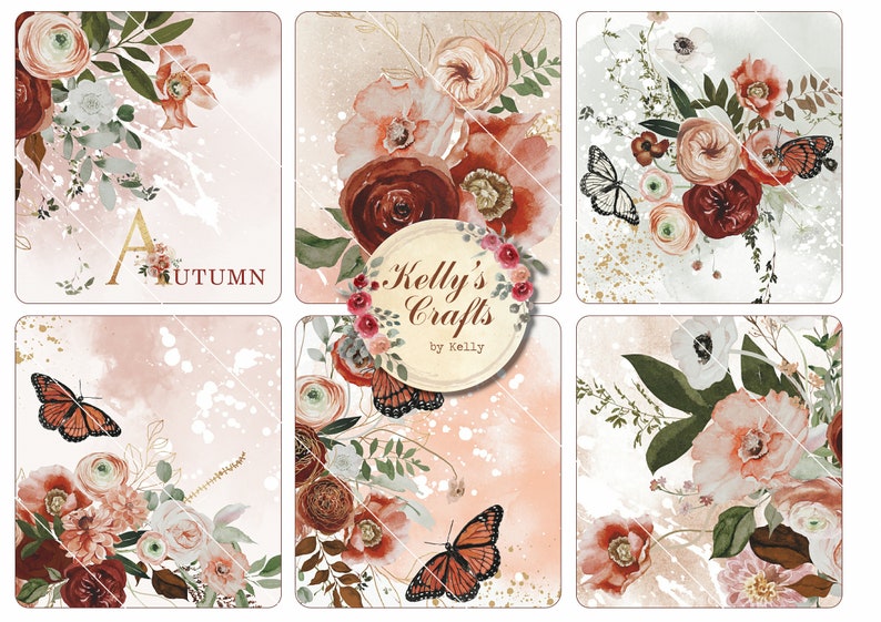 Puede incluir: Seis tarjetas cuadradas con dise&ntilde;os florales en acuarela en tonos rojos, melocot&oacute;n y blanco, con hojas verdes y mariposas. Algunas tarjetas incluyen la palabra "AUTUMN" y el texto "Kelly's Crafts by Kelly".