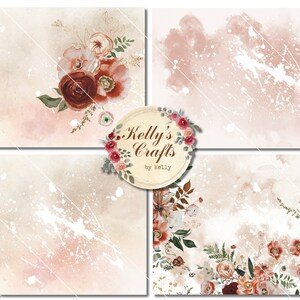 Puede incluir: Cuatro fondos de acuarela con acentos florales y mariposas. Los dise&ntilde;os presentan una paleta de colores suaves y neutros con salpicaduras blancas y un logotipo central que dice "Kelly's Crafts by Kelly". Los arreglos florales incluyen tonos burdeos y melocot&oacute;n.