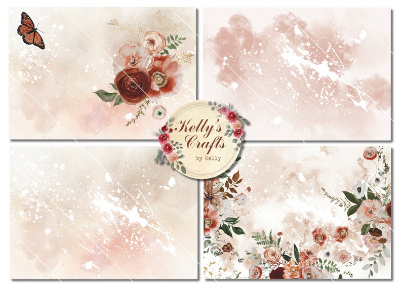 Puede incluir: Cuatro fondos de acuarela con acentos florales y mariposas. Los dise&ntilde;os presentan una paleta de colores suaves y neutros con salpicaduras blancas y un logotipo central que dice "Kelly's Crafts by Kelly". Los arreglos florales incluyen tonos burdeos y melocot&oacute;n.
