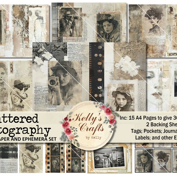 Tattered Photography Vintage Journal Digitals, Grungy Junk Journal Papers and Ephemera, Collage, Vintage Photographs Journal Printables