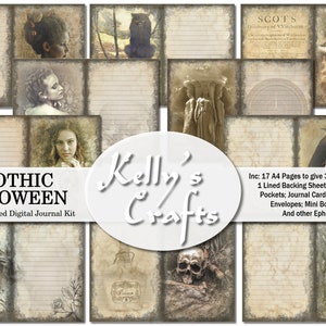 May include: A digital journal kit with a gothic Halloween theme. The kit includes 17 A4 pages, a lined backing sheet, tags, tickets, pockets, journal cards, tuck spots, envelopes, mini book covers, and other ephemera. The kit features images of skulls, ravens, and women with dark hair.