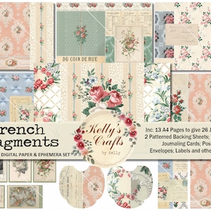 Kit de diario imprimible floral vintage, fragmentos franceses - Kit de diario basura de papel pintado vintage, imprimibles de diario basura francés, páginas de collage