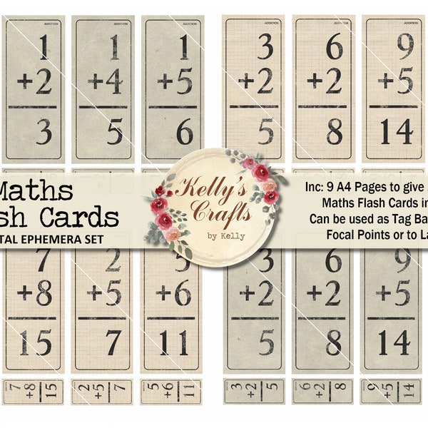 Maths Flash Cards, Digital Download, Printable Journal Ephemera, PDF, Vintage Ephemera, Junk Journal Ephemera,