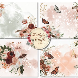 Puede incluir: Cuatro impresiones de arte digital con arreglos florales en tonos burdeos, melocot&oacute;n y crema, con detalles dorados y mariposas. Las impresiones tienen un efecto acuarela y el texto "Kelly's Crafts by Kelly" est&aacute; en un logotipo circular.