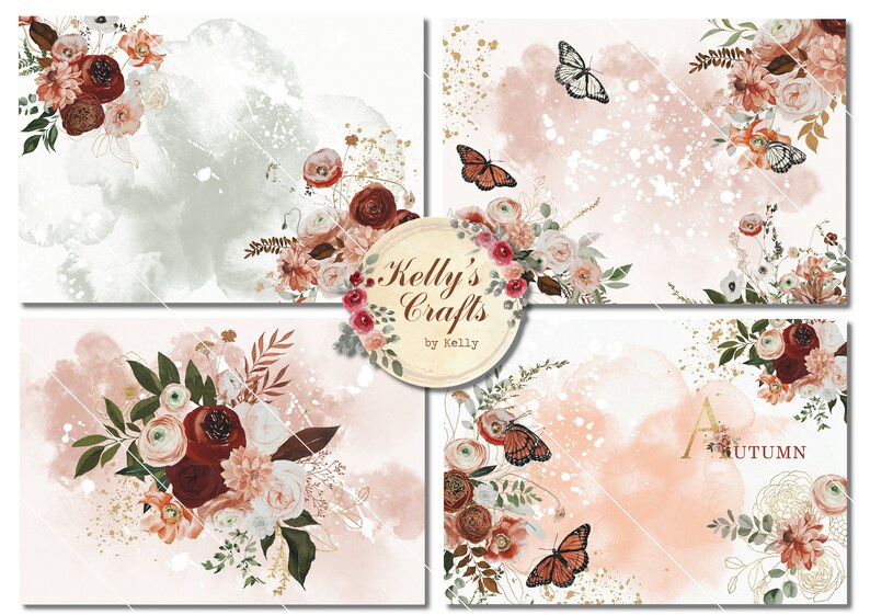 Puede incluir: Cuatro impresiones de arte digital con arreglos florales en tonos burdeos, melocot&oacute;n y crema, con detalles dorados y mariposas. Las impresiones tienen un efecto acuarela y el texto "Kelly's Crafts by Kelly" est&aacute; en un logotipo circular.