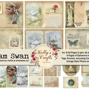 Kit di diario digitale Madam Swan, pagine ed effimeri da stampare, tagliare, creare un bellissimo diario del cigno, documenti per collage, kit di scrapbooking del cigno, PDF