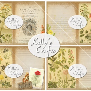 May include: Four vintage-style printable journal pages with floral illustrations and the text "Kelly's Crafts" on each page.