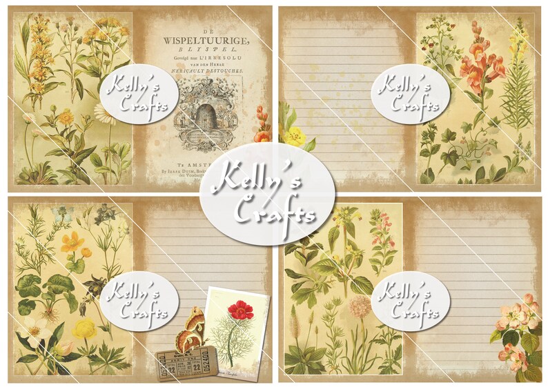 May include: Four vintage-style printable journal pages with floral illustrations and the text "Kelly's Crafts" on each page.