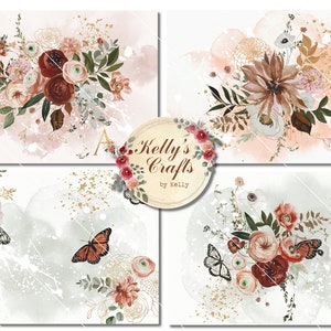 Puede incluir: Cuatro impresiones art&iacute;sticas florales en acuarela con ramos de rosas, dalias y otras flores en tonos rojos, rosas y marrones. Tambi&eacute;n se incluyen mariposas y detalles dorados. Las impresiones est&aacute;n sobre un fondo blanco con un lavado de acuarela.