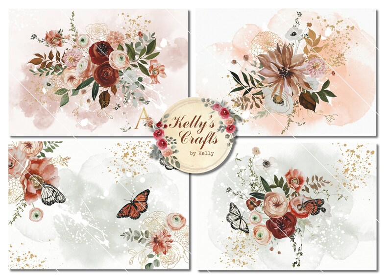 Puede incluir: Cuatro impresiones art&iacute;sticas florales en acuarela con ramos de rosas, dalias y otras flores en tonos rojos, rosas y marrones. Tambi&eacute;n se incluyen mariposas y detalles dorados. Las impresiones est&aacute;n sobre un fondo blanco con un lavado de acuarela.