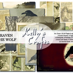 May include: A digital collage kit featuring a raven and wolf theme. The kit includes 20 journal pages, 2 guest checks, 4 tags, 3 belly bands, 4 postcards, 4 pockets, 2 circular tuck spots, 2 oval tuck spots, 4 tickets, 3 library cards, 12 journal cards, and 2 envelopes. The kit is designed by Kelly's Crafts.