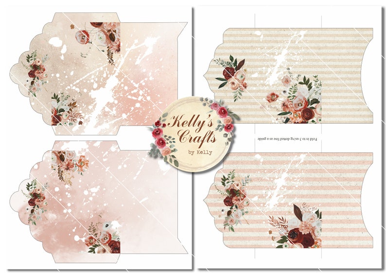 Puede incluir: Kit de manualidades digital con dise&ntilde;os florales en burdeos, crema y rosa rubor. El kit incluye varias formas con bordes festoneados y patrones de rayas, acentuados con salpicaduras de pintura blanca. Tambi&eacute;n se ve el logotipo "Kelly's Crafts".