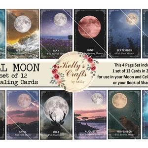 Tarjetas de diario de luna llena, un conjunto digital imprimible de 12 tarjetas lunares para usar en tus diarios lunares y celestiales o en tu Libro de las Sombras