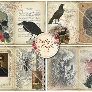 May include: A digital collage of vintage images with a gothic and spooky theme. The collage includes a skull, crows, a spider, a tombstone, and a portrait of a woman. The images are distressed and have a faded look, giving them a vintage feel.