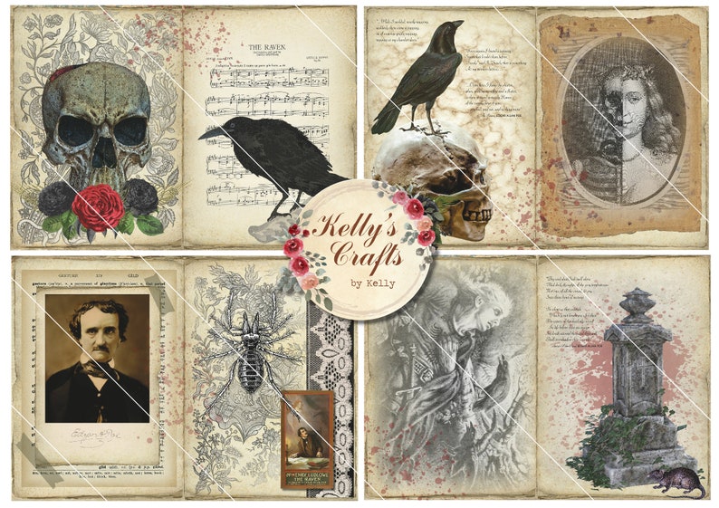 May include: A digital collage of vintage images with a gothic and spooky theme. The collage includes a skull, crows, a spider, a tombstone, and a portrait of a woman. The images are distressed and have a faded look, giving them a vintage feel.