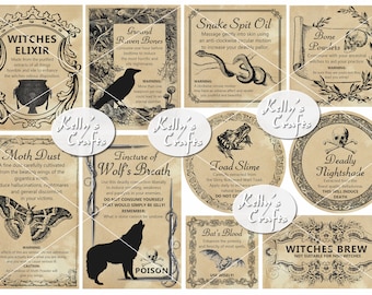 May include: A set of 10 printable potion bottle labels with vintage-inspired illustrations and text. The labels feature a variety of potion names, including "Witches Elixir", "Moth Dust", "Tincture of Wolf's Breath", "Toad Slime", "Deadly Nightshade", "Bat's Blood", "Witches Brew", "Bone Powders", "Snake Spit Oil", and "Ground Raven Bones".