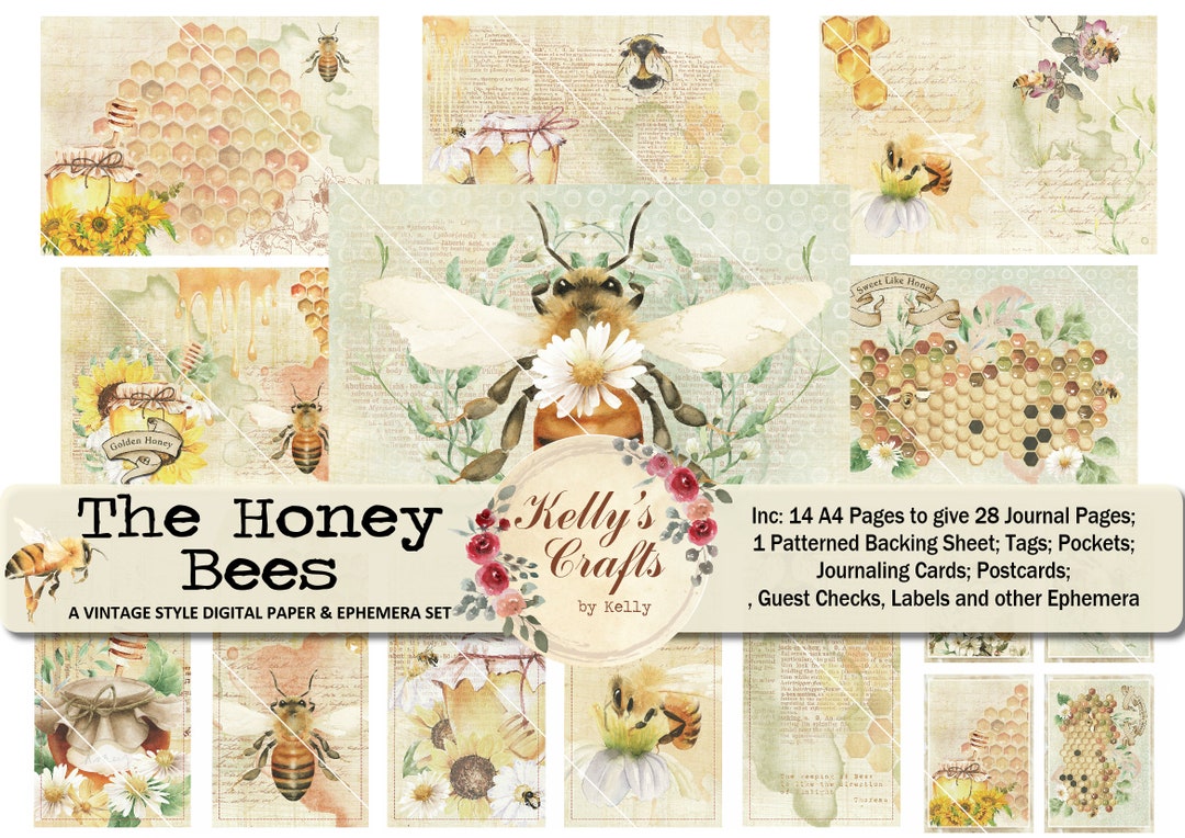 The Honey Bees Printable Journal Kit, Bee Junk Journal Kit, Collage