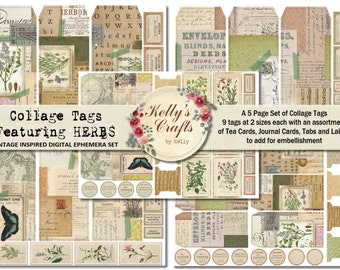 Herb Collage Tags: Vintage Botanical Journal Embellishments (Digital Download)