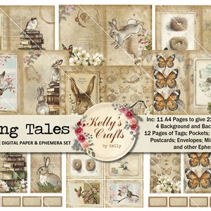 Pode incluir: Um conjunto de papel digital e efêmeras de estilo vintage com tema primaveril. O conjunto inclui 11 páginas A4 para dar 22 páginas de diário, 4 papéis de fundo e de apoio, 12 páginas de etiquetas, bolsos, cartões de diário, postais, envelopes, capas de mini livros e outras efêmeras. A imagem mostra uma variedade de imagens, incluindo pássaros, borboletas, coelhos, ninhos e livros.