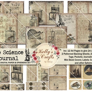 Kit de diário científico vintage, The Science Journal, Kit de diário de lixo sujo, artigos científicos, diário de lixo científico, colagem, coisas efêmeras científicas